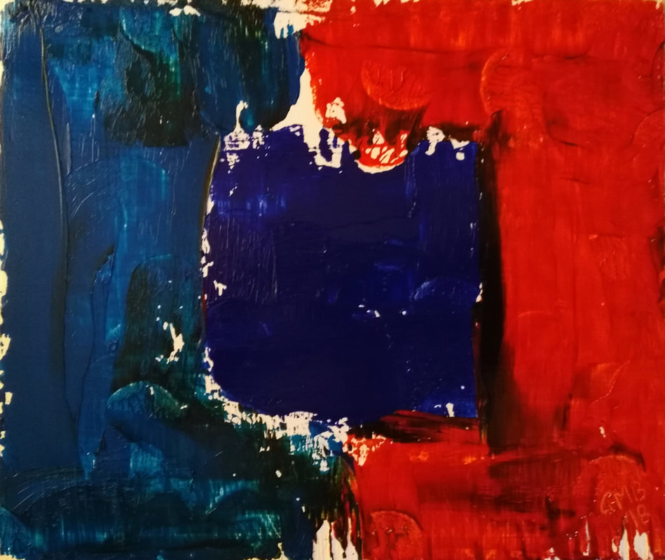 Color Field #4 is an abstract oil painting using blue and red on a white background to form an expressionist painting.
