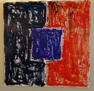 A Blue Window is an abstract expressionist oil on wood color field painting using blues and red on a white background.