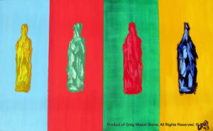 Artist's Delight is an abstract, oil, still life painting of bottles using red, green, yellow, and blue colors.