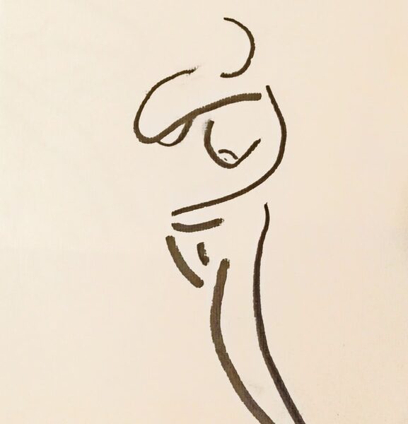 Study of an Embracing Nude is an abstract, minimalist charcoal drawing of an embracing nude woman.