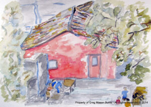 Colonia del Sacramento is a watercolor painting of a small red house near the port of the named town in Uruguay.