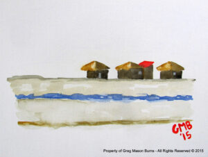 Parnaiba Piauí is a minimalist watercolor painting on canvas using sepias, greys, blue, and red on a white background.