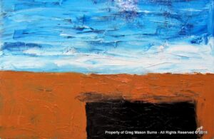 A Beach House is an minimalist, abstract, oil painting of a beach house near the ocean using blue, white, orange, and black for colors.