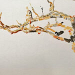 A Tree in Tenno is a minimalist watercolor painting using sepias, greys, reds, and yellows.