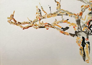 A Tree in Tenno is a minimalist watercolor painting using sepias, greys, reds, and yellows.