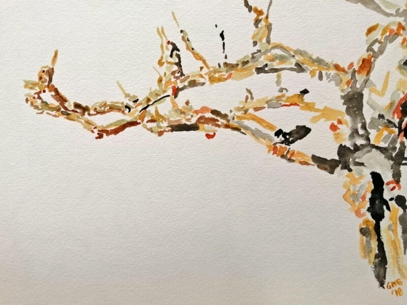 A Tree in Tenno is a minimalist watercolor painting using sepias, greys, reds, and yellows.