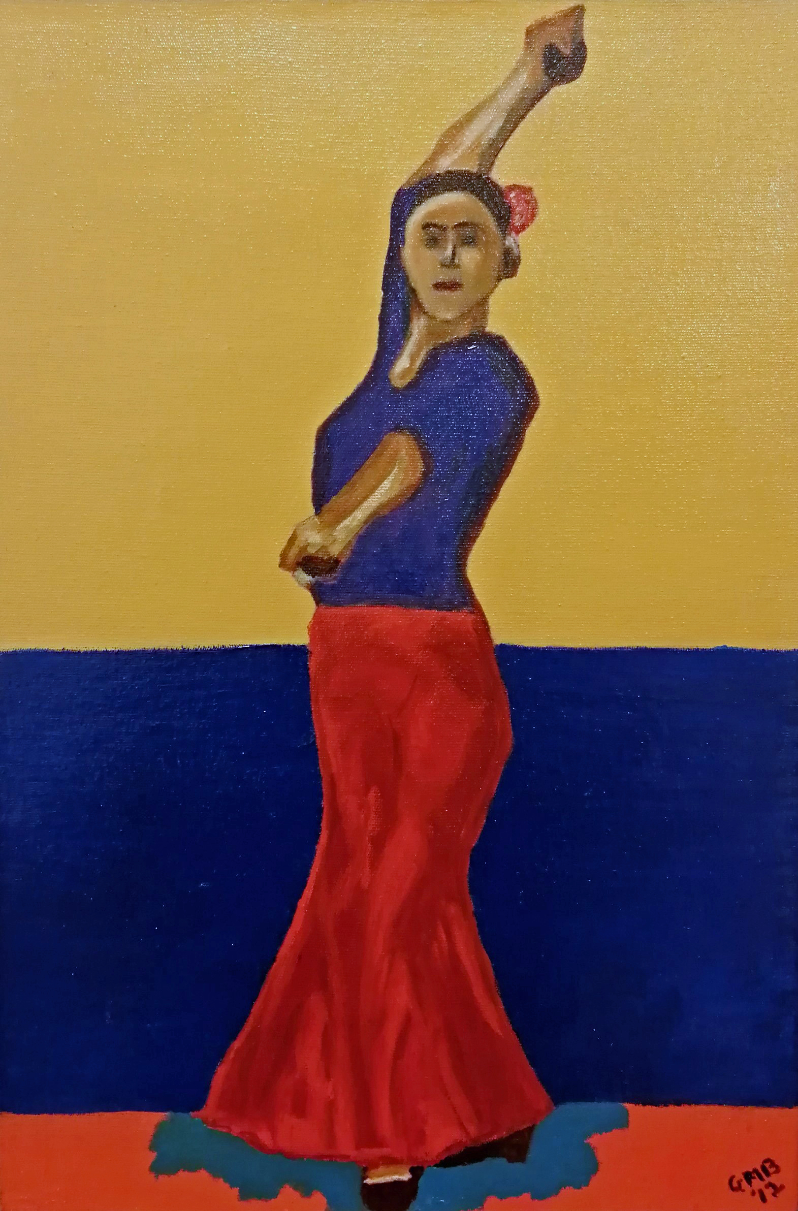 A flamenco dancer is an abstract oil painting of a flamenco dancer using blues, yellows, reds, and oranges in the style of Matisse.