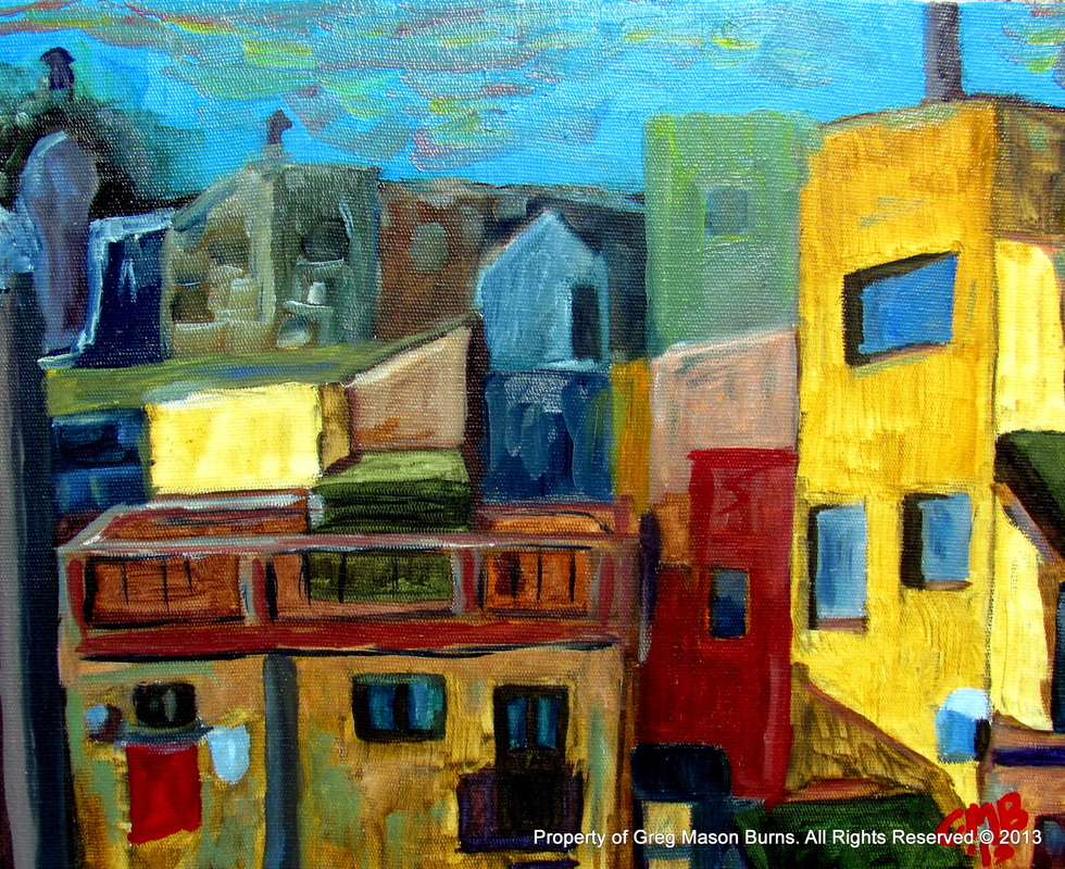 Barcelona Rooftops is an oil on canvas painting of rooftops in Barcelona, Spain.