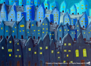 Cidade à Noite is an oil painting of a city at night using only the color blue with some yellow and white for highlights.