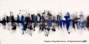 City III - Water Docks is an abstract, minimalist landscape painting using blues and blacks on a white canvas.