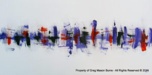 City VI - Poppy Fields is an abstract, minimalist landscape painting using blues, reds, and violets on a white canvas.