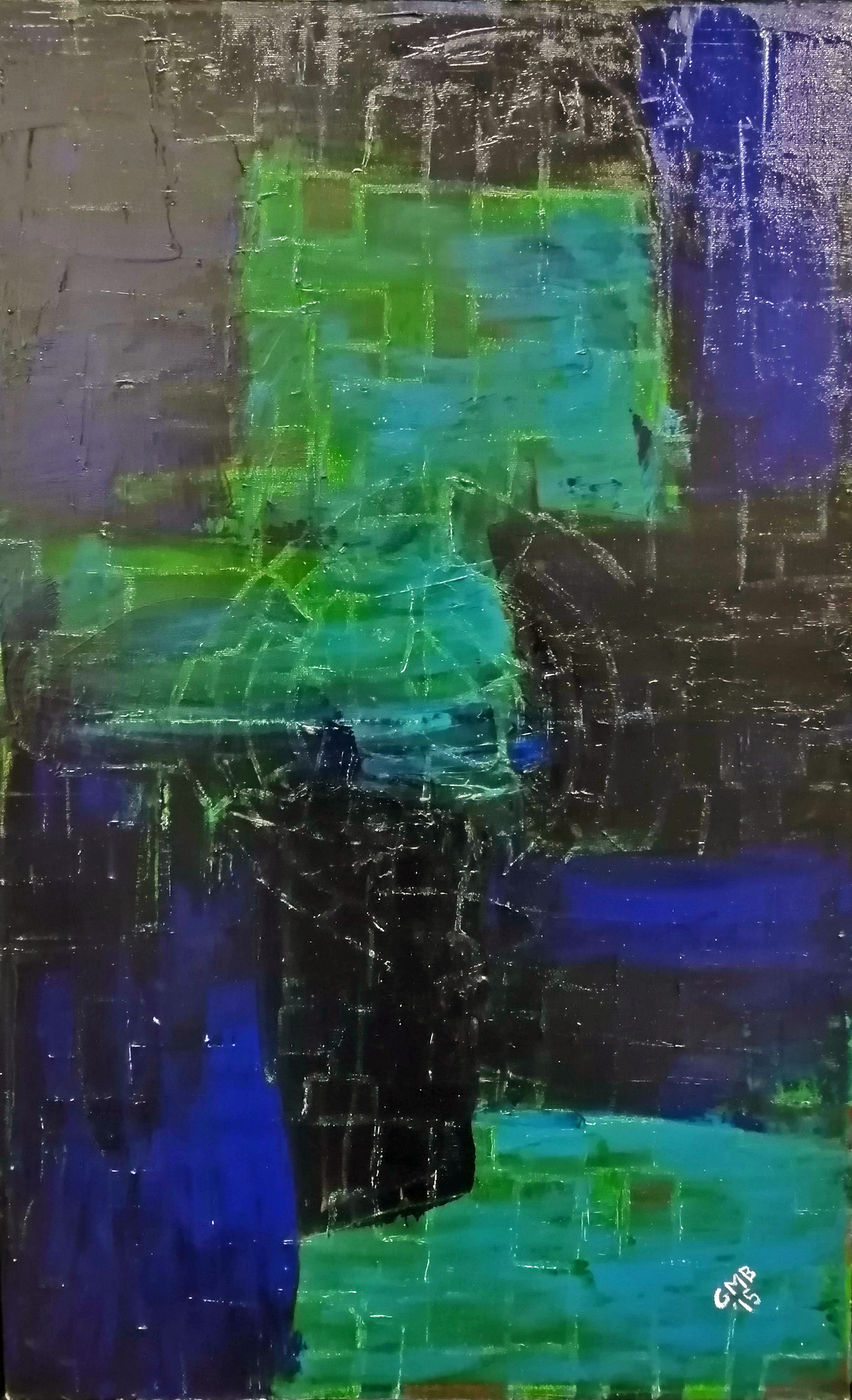 Head of Man is an abstract oil portrait painting using blues and greens.