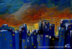 New Year Gift, Curitiba is an oil on paper landscape painting of the city in Brazil at sunset using blue, yellow, and orange colors.