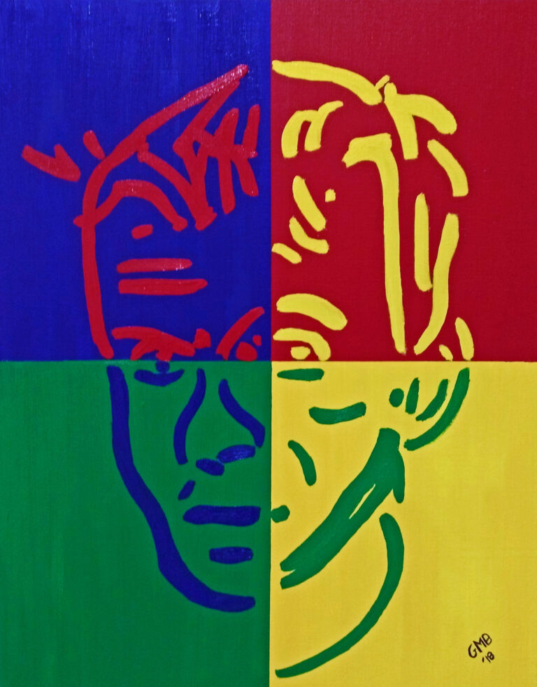Portrait of Christian U. is an abstract oil portrait using color field and blue, red, yellow, and green colors.
