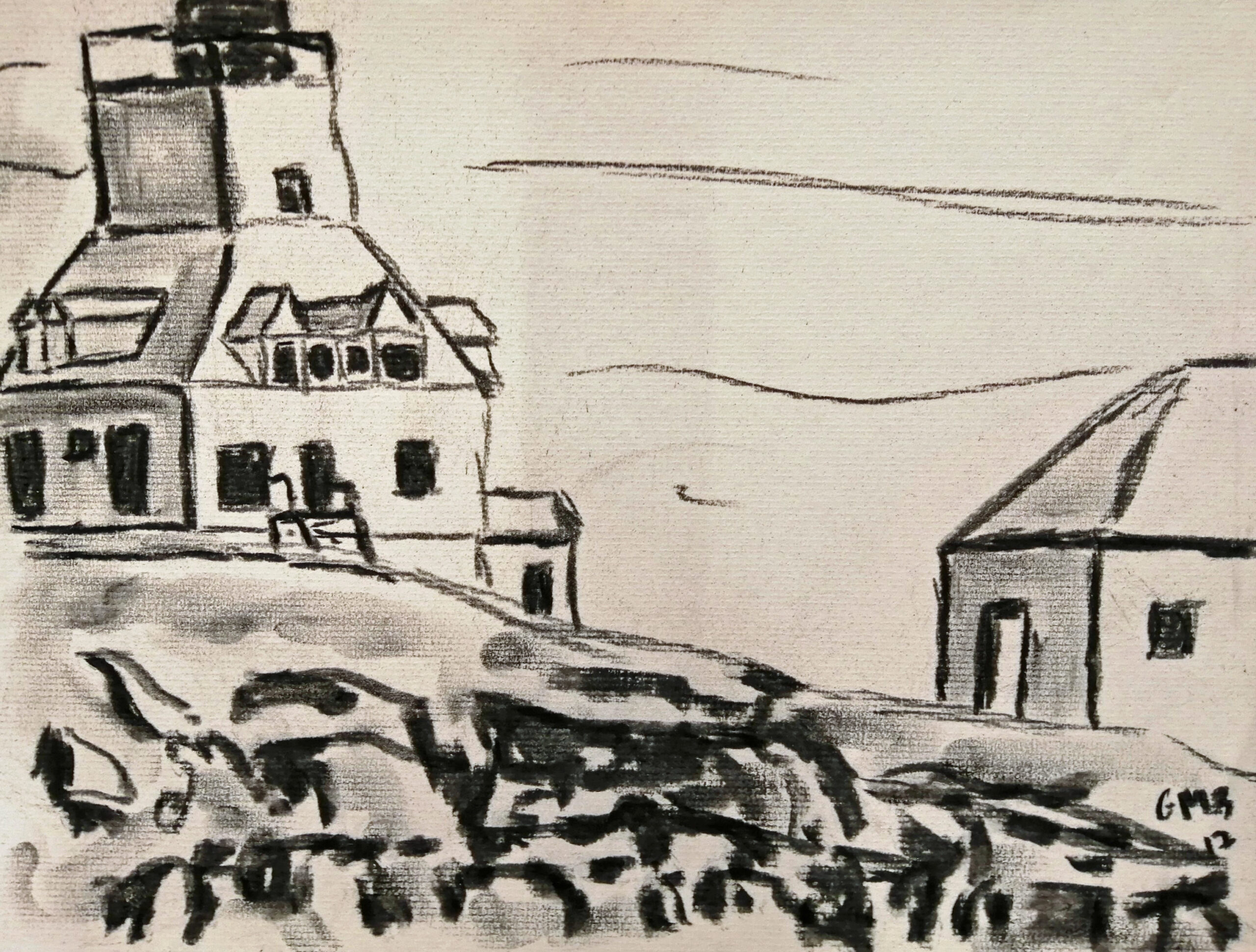 Study of Egg Rock Lighthouse is a charcoal study of the lighthouse in Frenchman's Bay, Maine, near Bar Harbor.