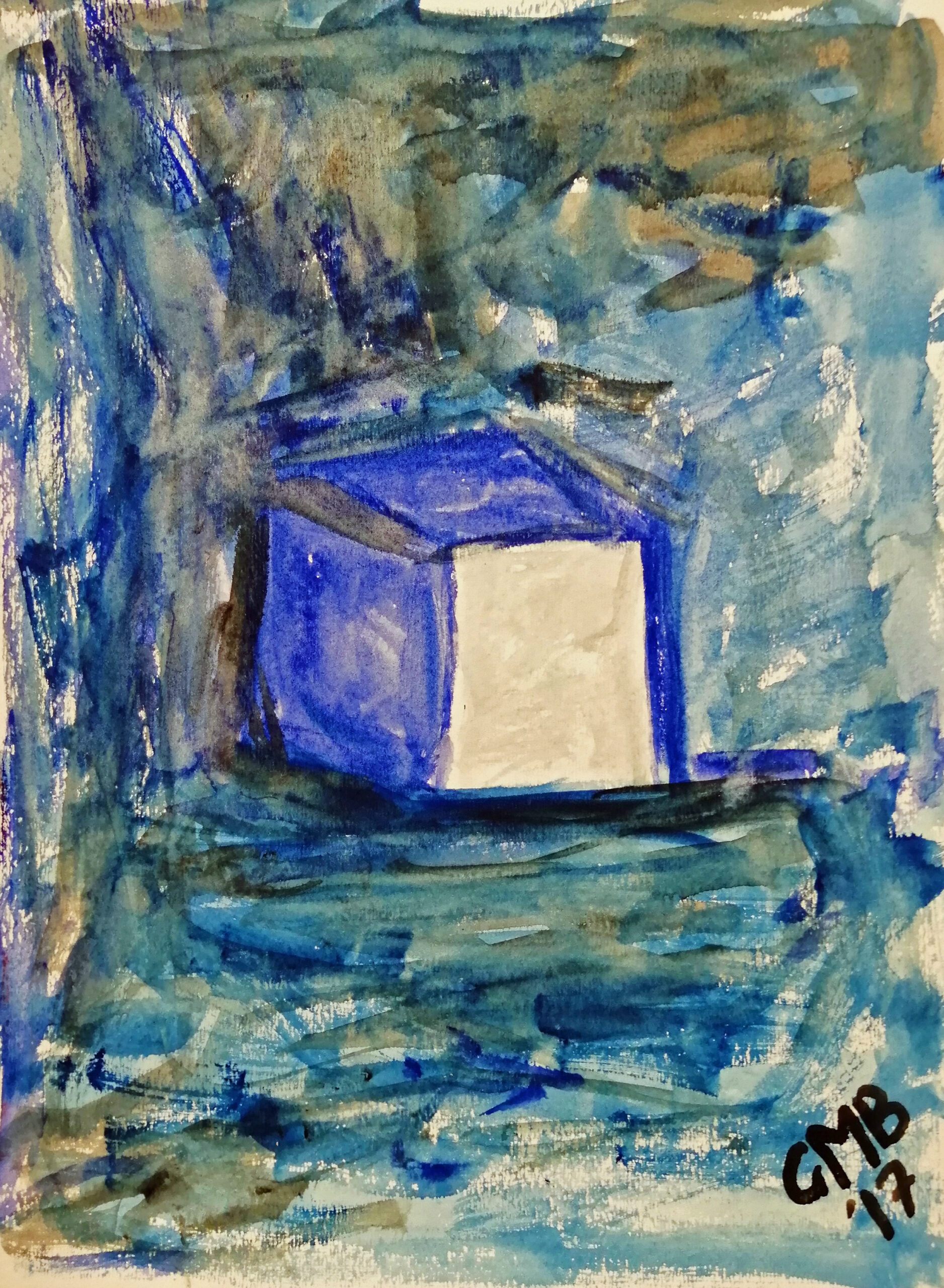 An abstract watercolor painting of a blue box.