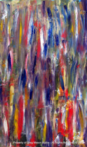 The BATHE is an abstract oil painting using many colors in a chaotic manner to ask about a viewer's emotional health.