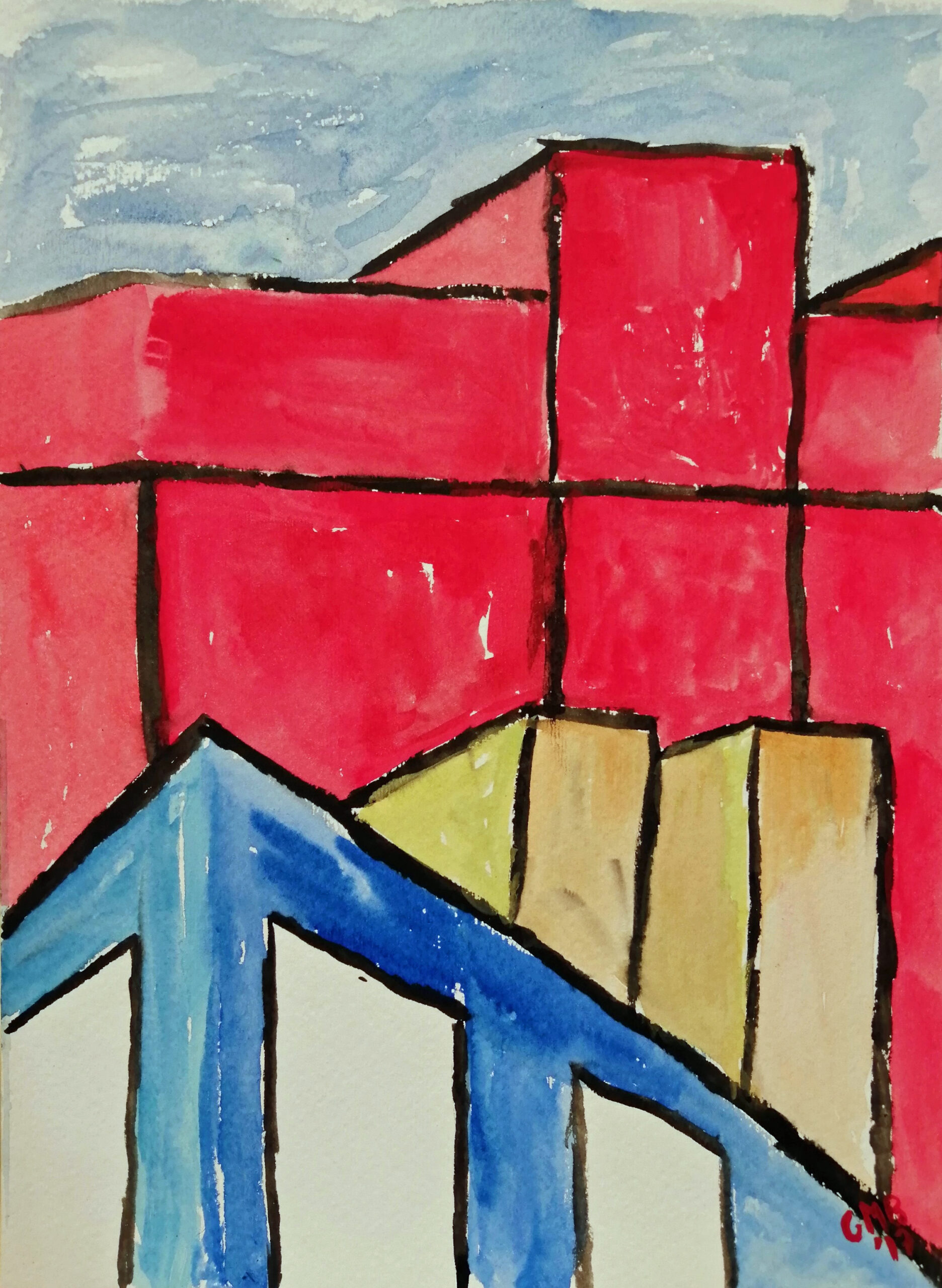 Two Factories is an abstract watercolor painting on paper using red, blue, and yellow in an absurdist fashion.