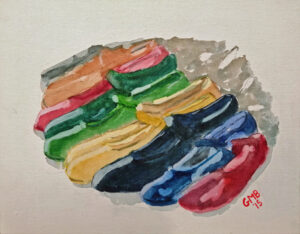 Zapatos de Flamenco is a watercolor painting of shoes from a flamenco studio.