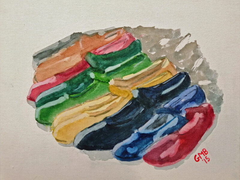 Zapatos de Flamenco is a watercolor painting of shoes from a flamenco studio.