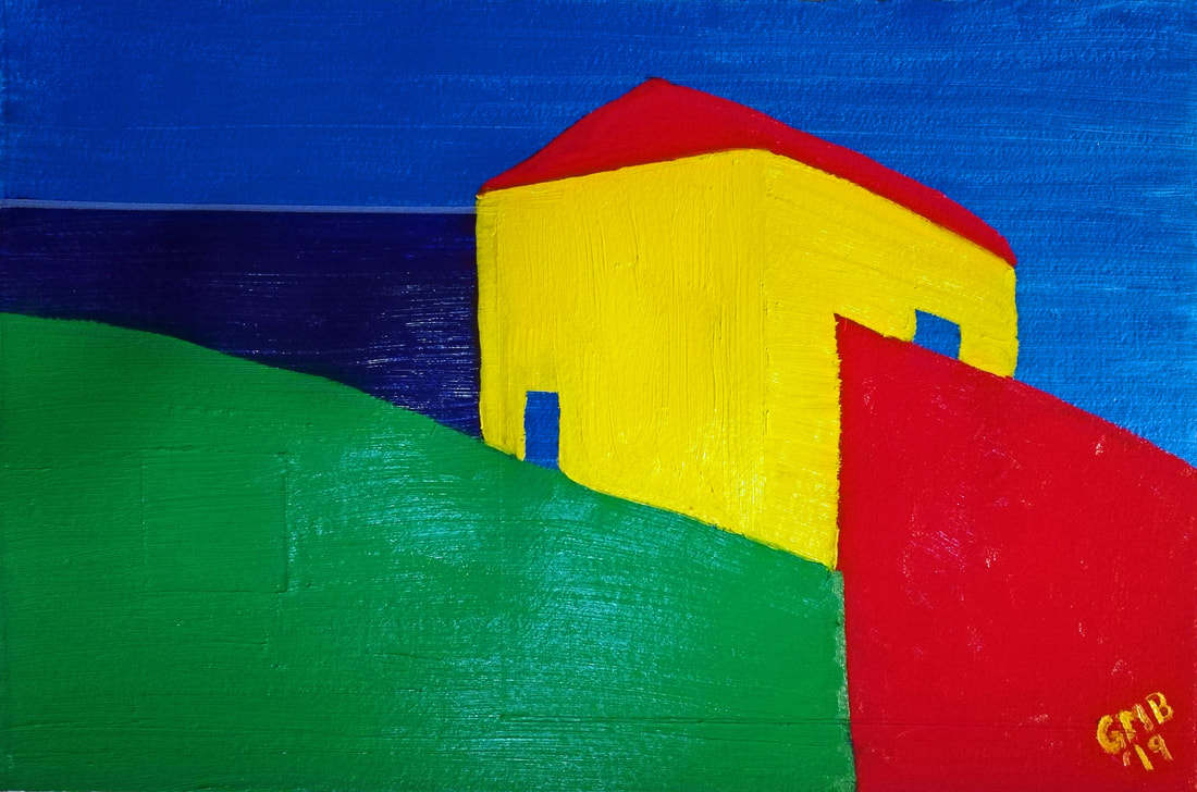 A House with a View of the Lake is an abstract landscape painting using green, blue, yellow, and red colors.