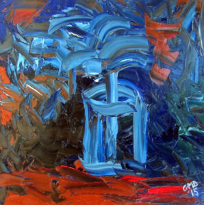 Blue Flower is an abstract oil still life painting using thick brush strokes and blues and reds as colors.