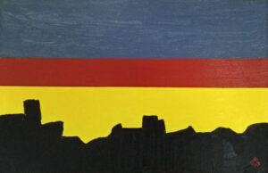 Cidade ao Pôr do Sol is an abstract oil painting of a sunset in Brazil using greys, oranges, yellows, and black colors.