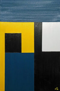 Three Skyscrapers is an abstract oil on paper painting using white, black, blue, and yellow colors.