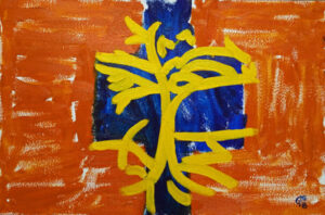 Uma Árvore na Ilha das Canárias​ is an abstract oil painting of a tree in Brazil using orange, yellow, and blue colors.