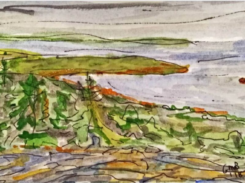 Great Head is a watercolor painting of Great Head and Sand Beach as seen from Gorham Mtn in Acadia National Park, Bar Harbor, ME.