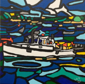 Julie B is an acrylic painting of a lobster boat located in Bar Harbor, Maine.