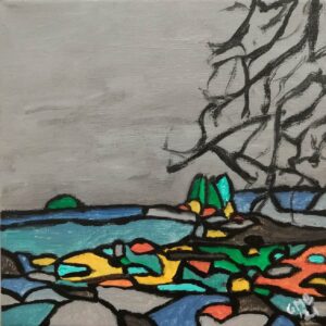 Middle Bay Cove is an acrylic abstract painting of the Pennellville area in Brunswick, Maine.