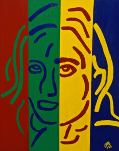 Portrait of Nivea B. is an abstract oil-on-canvas painting using pop art and color field with red, green, yellow, and blue.