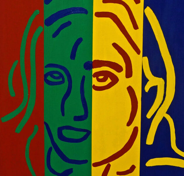 Portrait of Nivea B. is an abstract oil-on-canvas painting using pop art and color field with red, green, yellow, and blue.