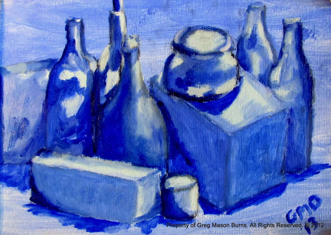 Still Life Study in Blue is an oil on paper still life painting using only the color blue and white for highlights.