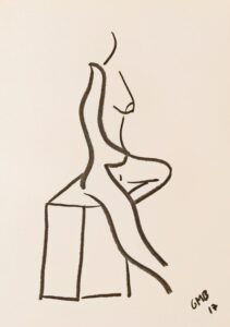 Study of a Nude Leaning Against a Box is a minimalist charcoal drawing of a nude woman leaning against a box.