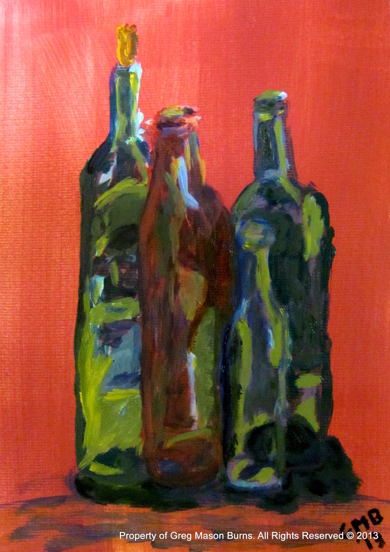 Study of Bottles is an oil on paper still life painting using red, yellow, green, and blue colors.