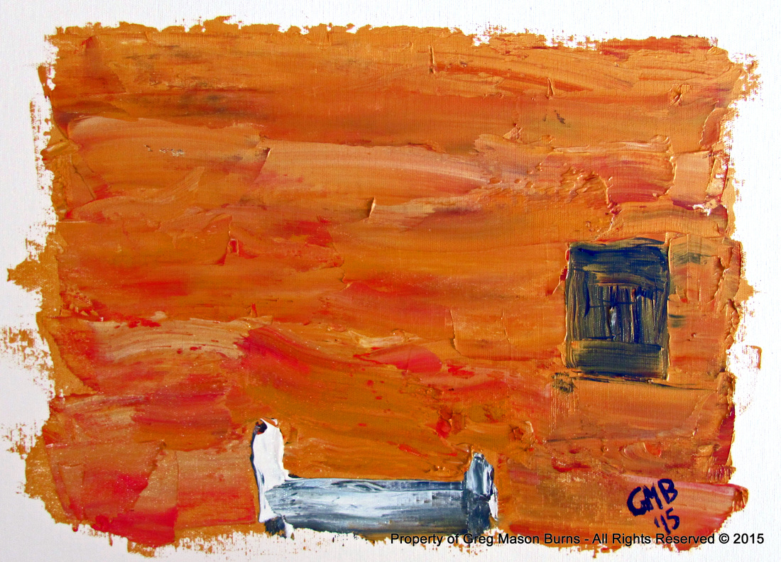 The Bed I is an abstract oil painting of a bed in a bedroom primarily using orange, white, and blues as colors.