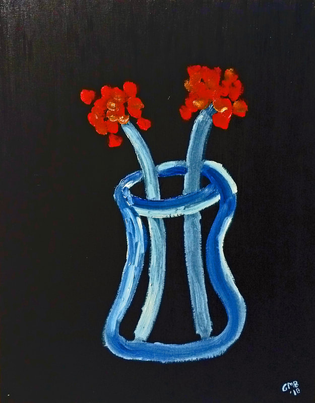 Two Flowers is an abstract oil still-life painting of two flowers in a vase using blues and reds as colors.