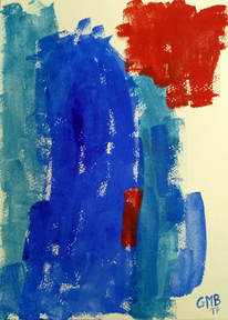 The Red Stripe is an abstract watercolor painting using reds and blues painted thickly on white paper.