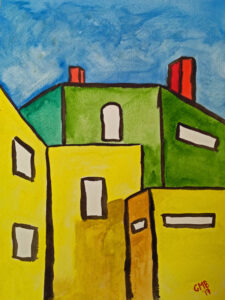 Two Apartment Buildings is an abstract, absurdist watercolor painting using blue, red, green, and yellow colors.