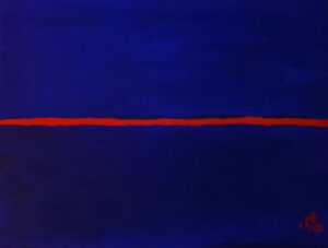 Dusk is an abstract, minimalist painting using a red line on a blue background to depict that time before sunset.
