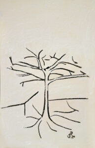 Uma Árvore e Uma Cerca na Ilha das Canárias is an abstract, minimalist, black and white charcoal drawing of a tree.