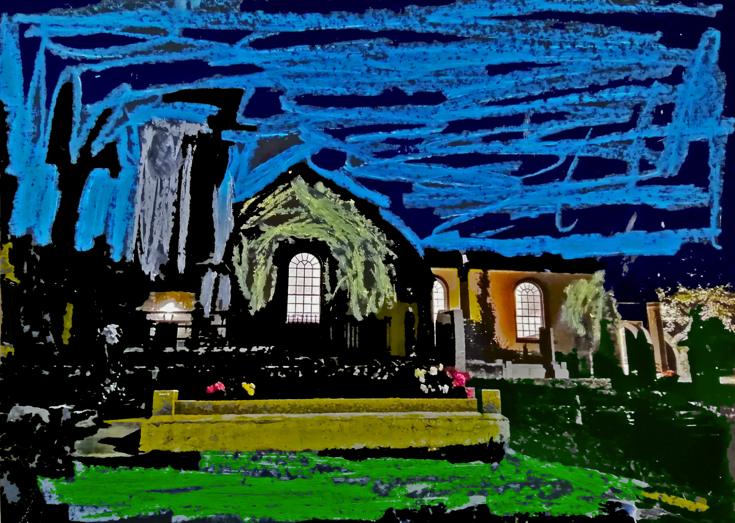 Bushy Park Church is an abstract photo taken in Galway, Ireland using oil pastel and acrylic paint over photo paper with blue, green, yellow, and red coloring.