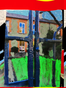 Manipulation #11 - House on Newcastle is an abstract photo of Galway, Ireland using oil pastel and acylic paint with red, green, and blue coloring.