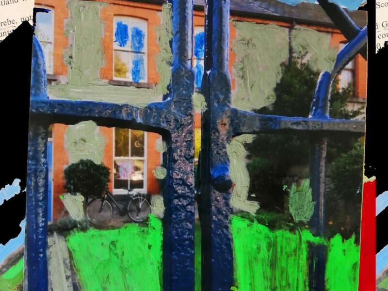 Manipulation #11 - House on Newcastle is an abstract photo of Galway, Ireland using oil pastel and acylic paint with red, green, and blue coloring.