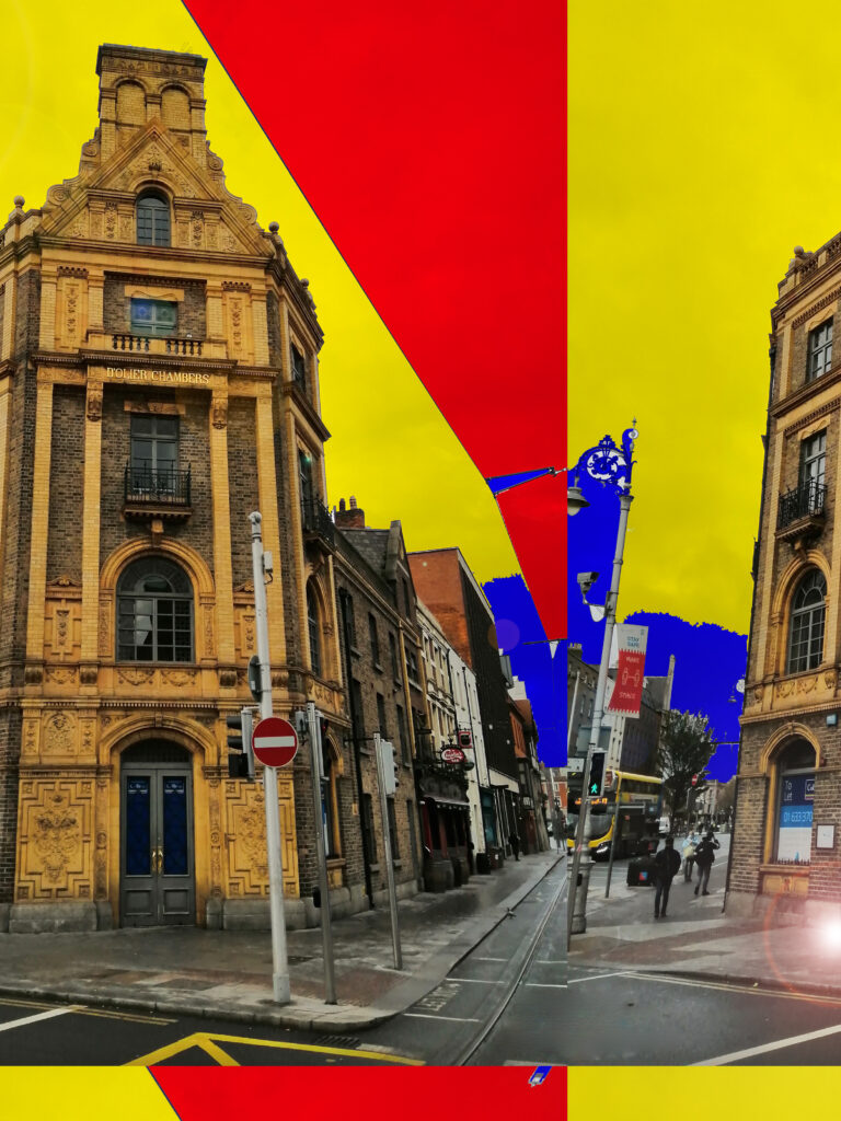 Manipulation #12 - Dublin Streets is an abstract photo of Dublin, Ireland using red, yellow, and blue coloring.