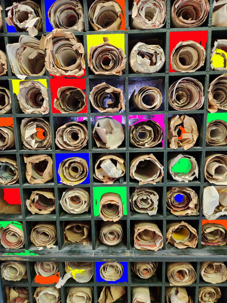 An abstract photo of the textile designs of the Bates Mill in Lewiston, ME.